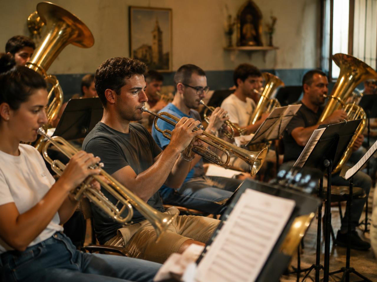 Musicisti di una banda durante le prove