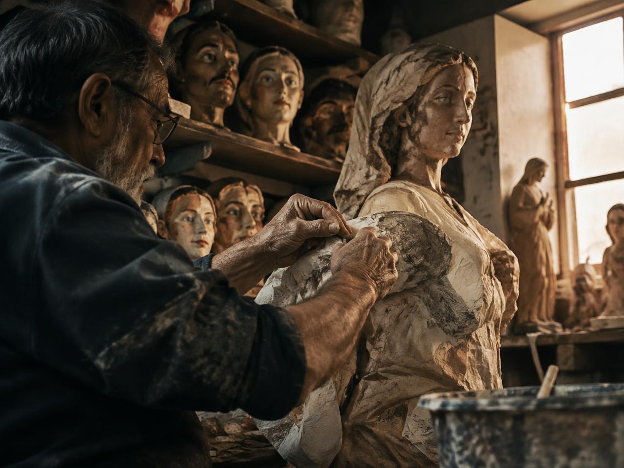 Le mani di un cartapestaio leccese al lavoro su una statua
